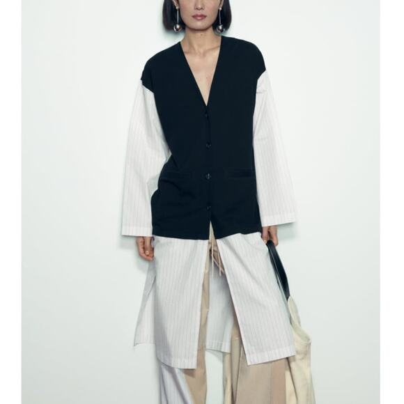 Zara Mixed Poplin Pinstripe Jacket / Long Tunic Shirt in Striped Black/White - Picture 2 of 13